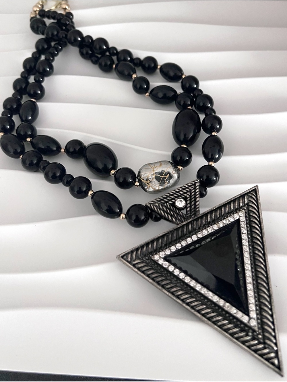 Black Beaded Statement Necklace with Triangle Pendant
